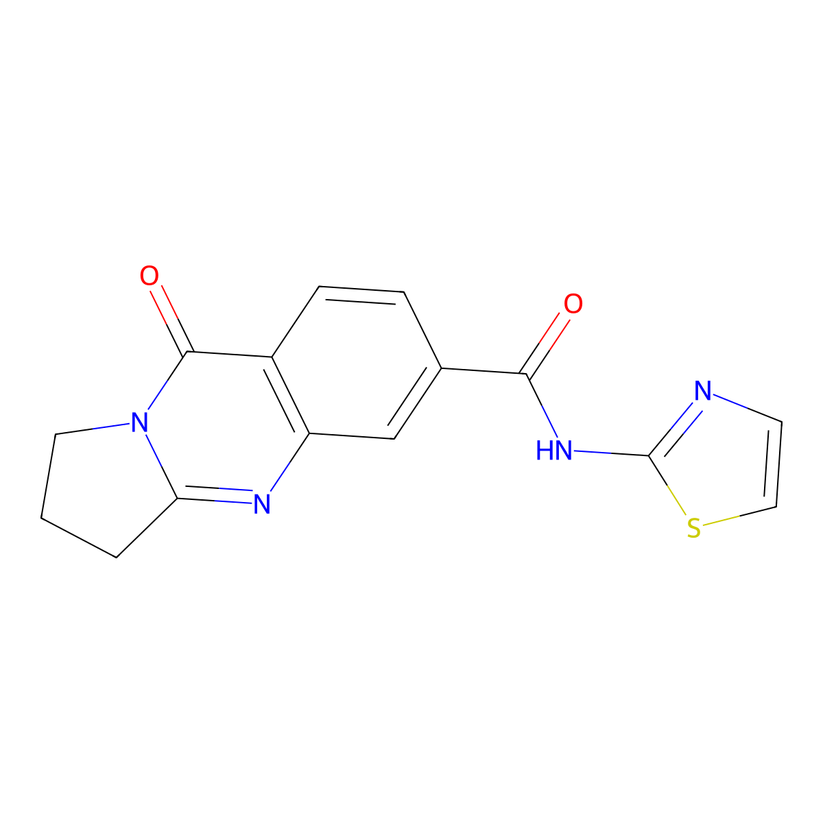 9-oxo-N-(1,3-thiazol-2-yl)-1,2,3,9-tetrahydropyrrolo[2,1-b]quinazoline-6-carboxamide molecular structure, CAS 1144438-34-5