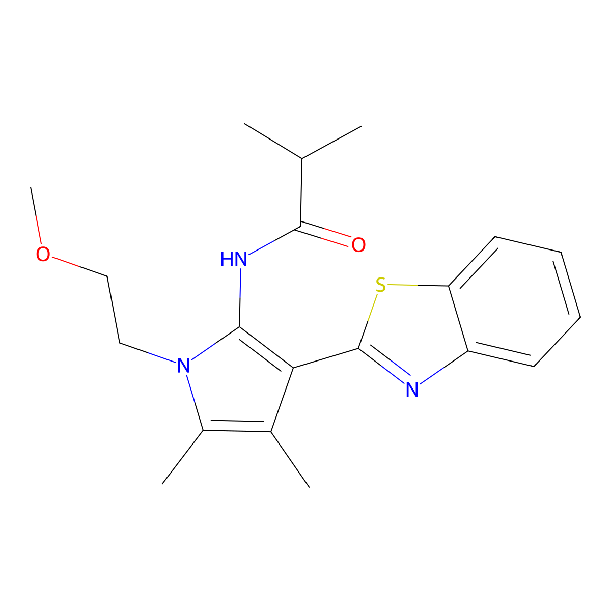 N-[3-(1,3-benzothiazol-2-yl)-1-(2-methoxyethyl)-4,5-dimethyl-1H-pyrrol-2-yl]-2-methylpropanamide molecular structure, CAS 1144439-67-7