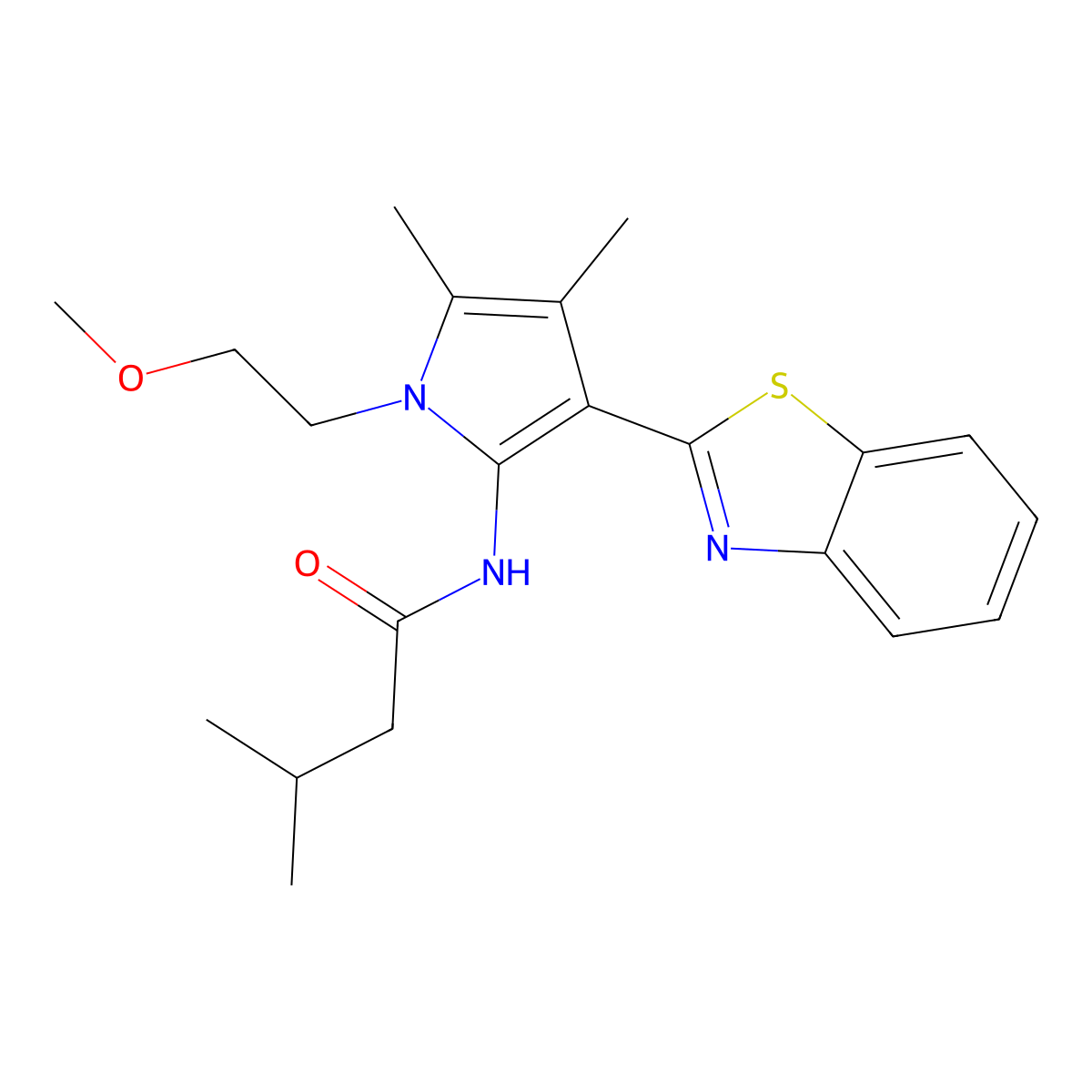 N-[3-(1,3-benzothiazol-2-yl)-1-(2-methoxyethyl)-4,5-dimethyl-1H-pyrrol-2-yl]-3-methylbutanamide molecular structure, CAS 1144440-36-7