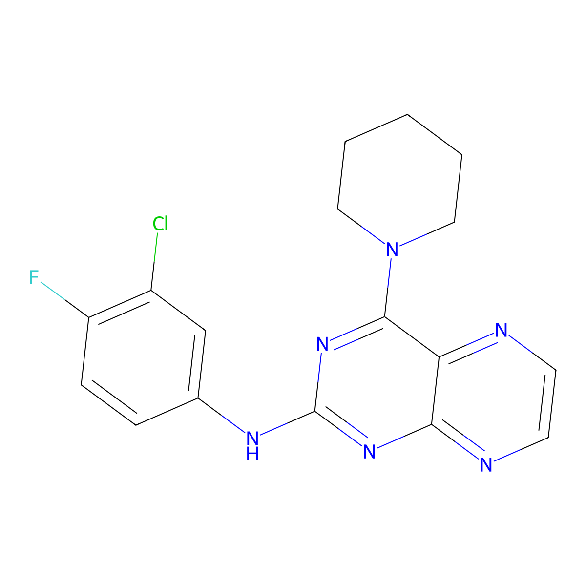 N-(3-chloro-4-fluorophenyl)-4-(piperidin-1-yl)pteridin-2-amine molecular structure, CAS 1144441-00-8