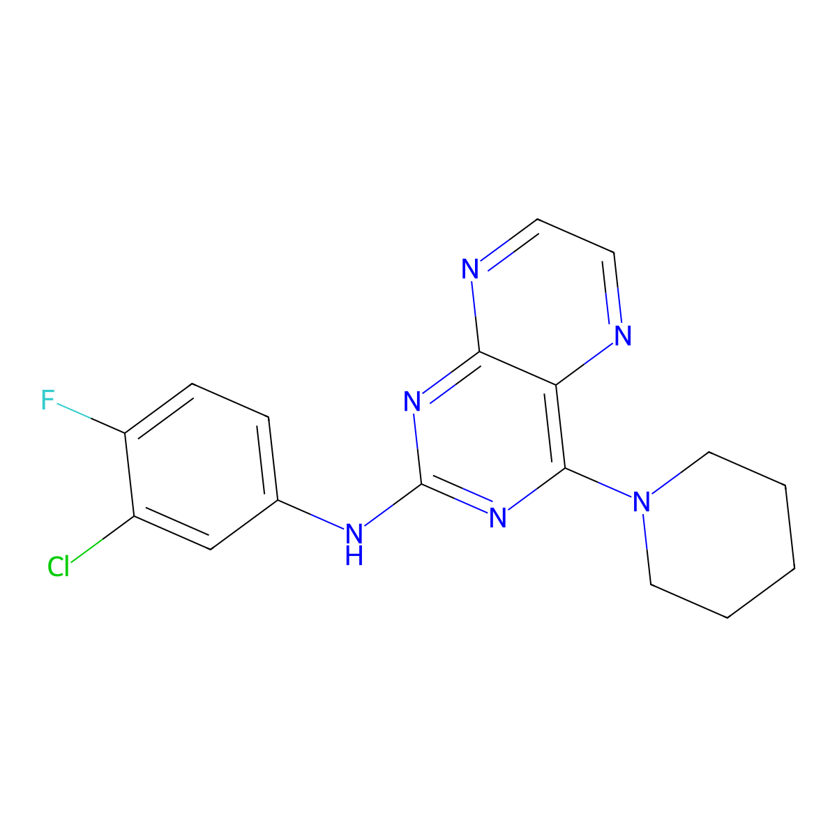 N-(3-chloro-4-fluorophenyl)-4-(piperidin-1-yl)pteridin-2-amine molecular structure, CAS 1144441-00-8