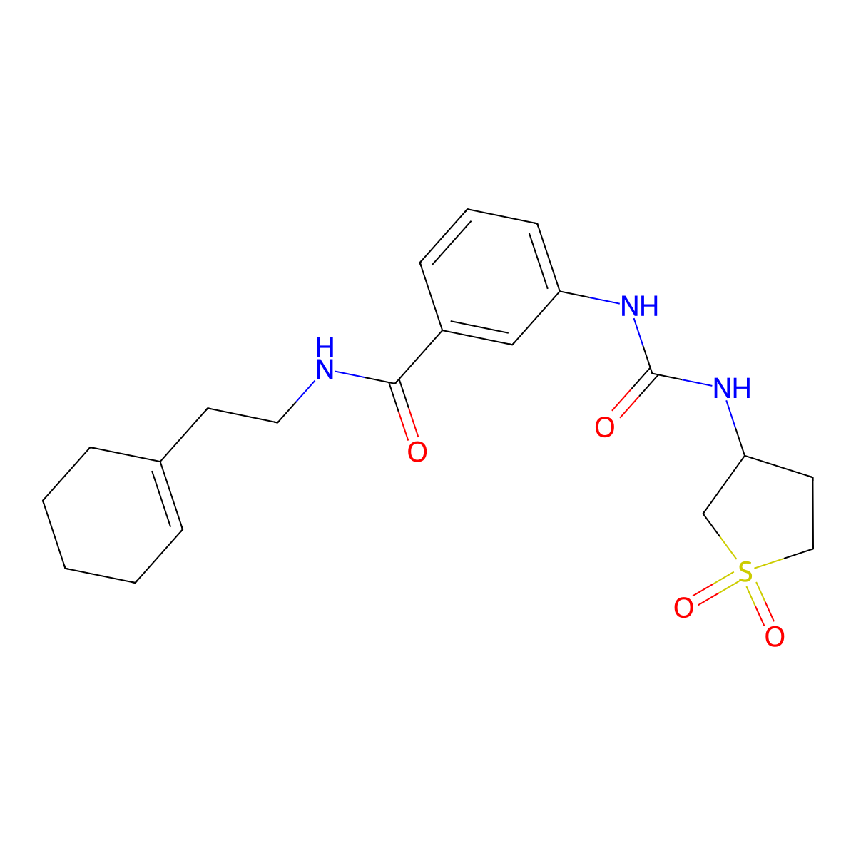N-[2-(cyclohex-1-en-1-yl)ethyl]-3-{[(1,1-dioxidotetrahydrothiophen-3-yl)carbamoyl]amino}benzamide molecular structure, CAS 1144441-09-7