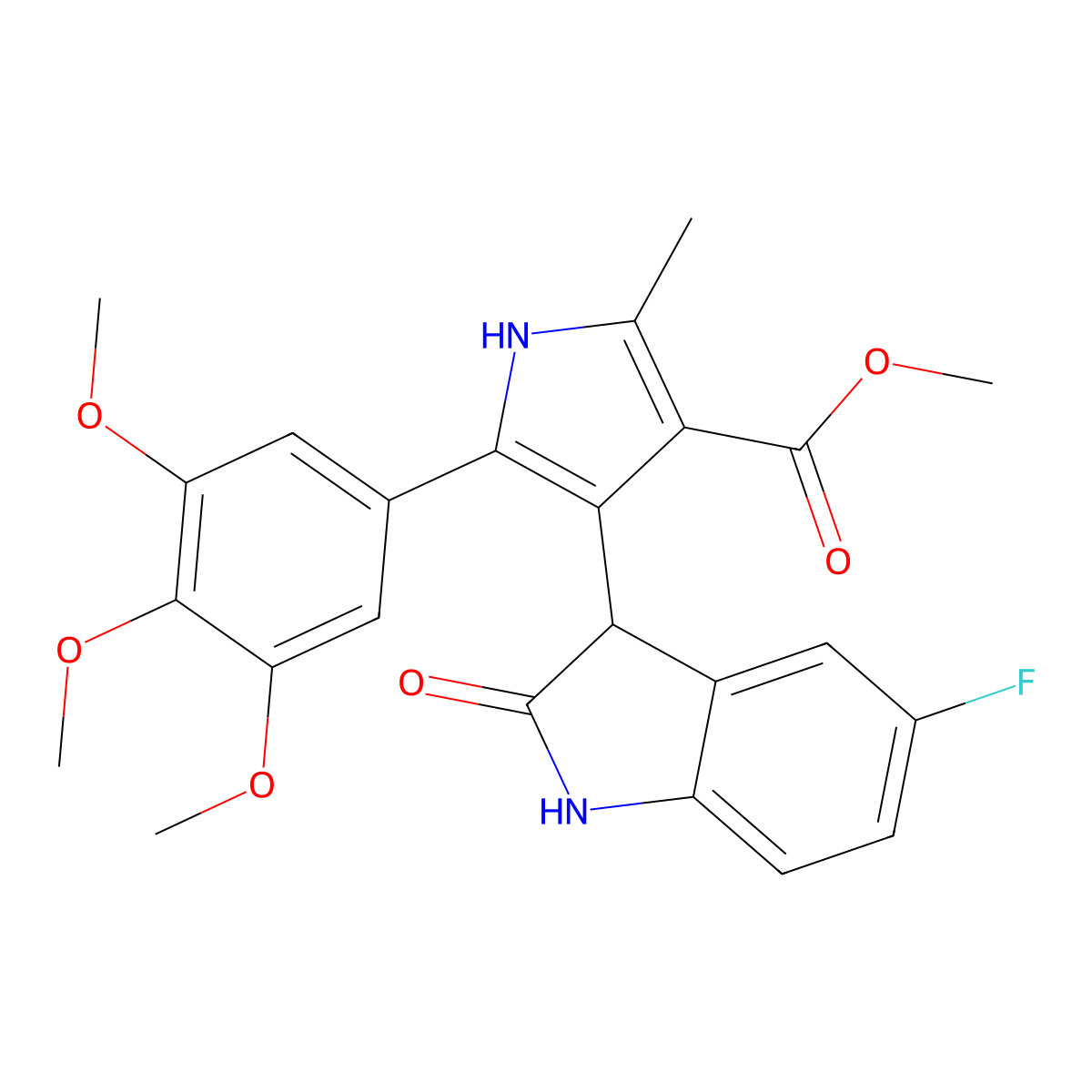 methyl 4-(5-fluoro-2-oxo-2,3-dihydro-1H-indol-3-yl)-2-methyl-5-(3,4,5-trimethoxyphenyl)-1H-pyrrole-3-carboxylate molecular structure, CAS 1144441-30-4