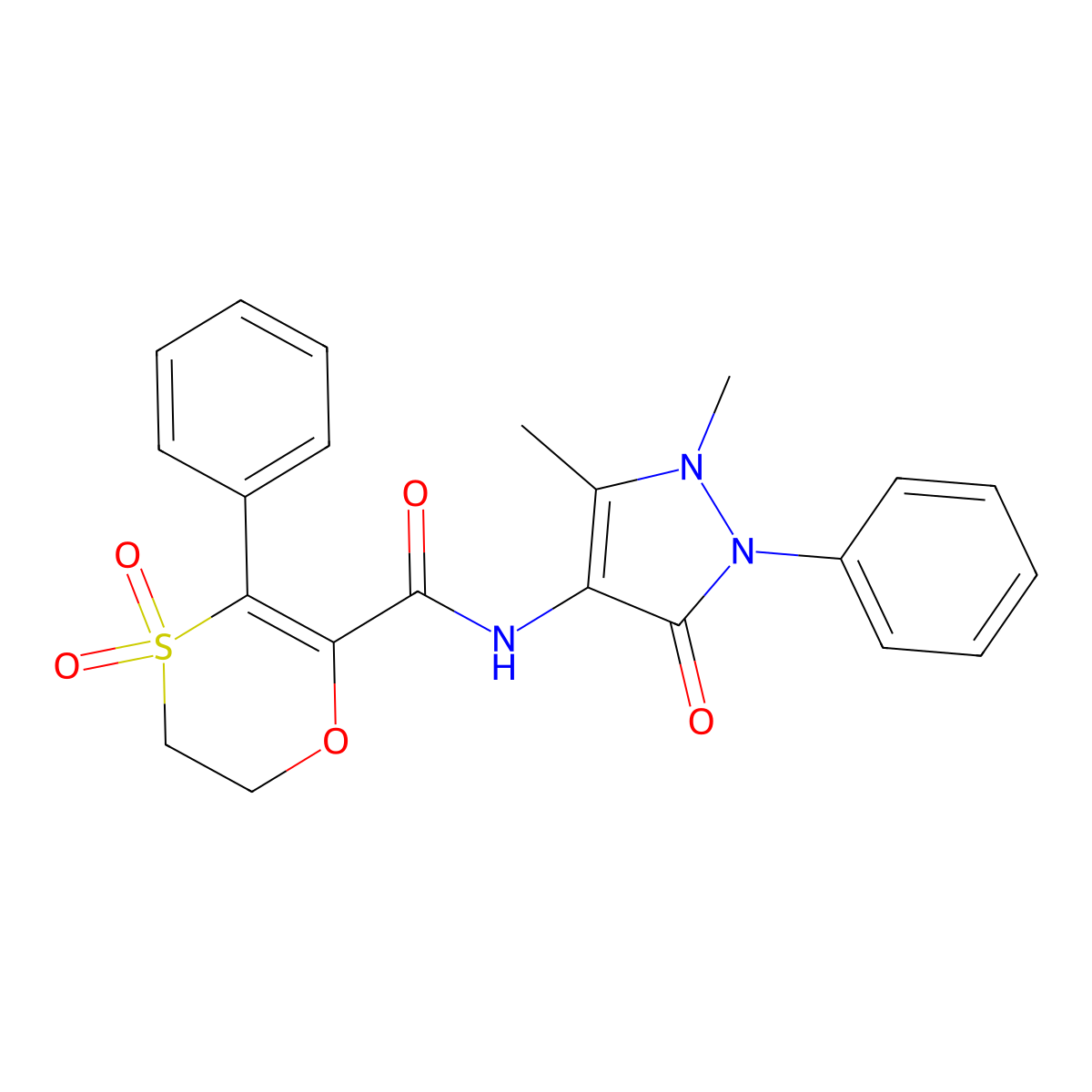 N-(1,5-dimethyl-3-oxo-2-phenyl-2,3-dihydro-1H-pyrazol-4-yl)-3-phenyl-5,6-dihydro-1,4-oxathiine-2-carboxamide 4,4-dioxide molecular structure, CAS 1144441-67-7