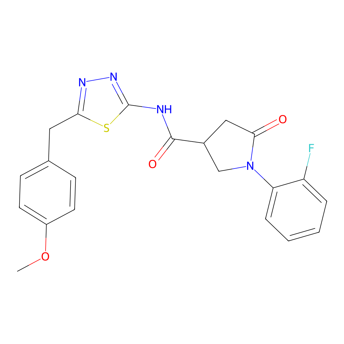1-(2-fluorophenyl)-N-[(2E)-5-(4-methoxybenzyl)-1,3,4-thiadiazol-2(3H)-ylidene]-5-oxopyrrolidine-3-carboxamide molecular structure, CAS 1144441-86-0