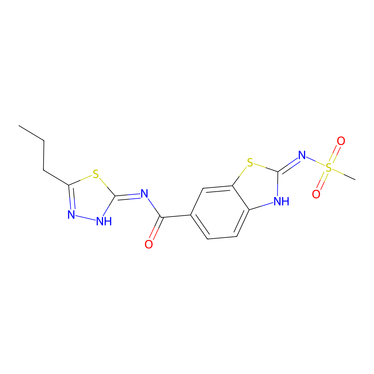 (2E)-2-[(methylsulfonyl)imino]-N-[(2E)-5-propyl-1,3,4-thiadiazol-2(3H)-ylidene]-2,3-dihydro-1,3-benzothiazole-6-carboxamide molecular structure, CAS 1144442-25-0