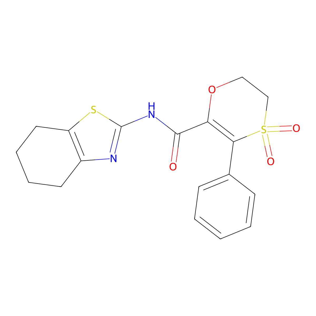 3-phenyl-N-[(2Z)-4,5,6,7-tetrahydro-1,3-benzothiazol-2(3H)-ylidene]-5,6-dihydro-1,4-oxathiine-2-carboxamide 4,4-dioxide molecular structure, CAS 1144442-58-9