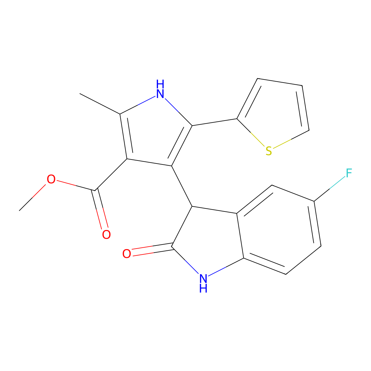 methyl 4-(5-fluoro-2-oxo-2,3-dihydro-1H-indol-3-yl)-2-methyl-5-(2-thienyl)-1H-pyrrole-3-carboxylate molecular structure, CAS 1144443-25-3