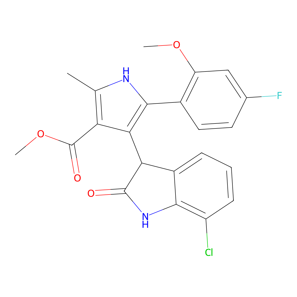methyl 4-(7-chloro-2-oxo-2,3-dihydro-1H-indol-3-yl)-5-(4-fluoro-2-methoxyphenyl)-2-methyl-1H-pyrrole-3-carboxylate molecular structure, CAS 1144444-06-3