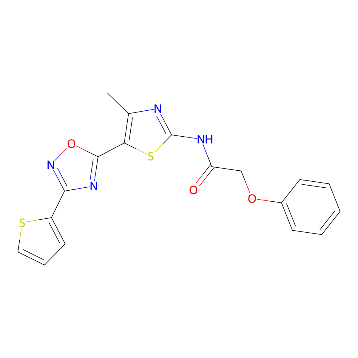 N-[(2Z)-4-methyl-5-[3-(thiophen-2-yl)-1,2,4-oxadiazol-5-yl]-1,3-thiazol-2(3H)-ylidene]-2-phenoxyacetamide molecular structure, CAS 1144444-87-0