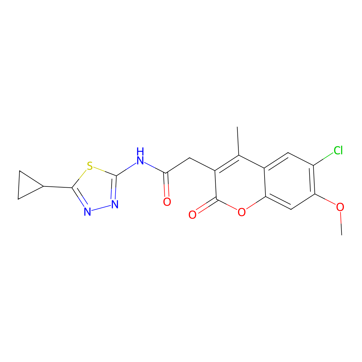 2-(6-chloro-7-methoxy-4-methyl-2-oxo-2H-chromen-3-yl)-N-(5-cyclopropyl-1,3,4-thiadiazol-2-yl)acetamide molecular structure, CAS 1144445-01-1