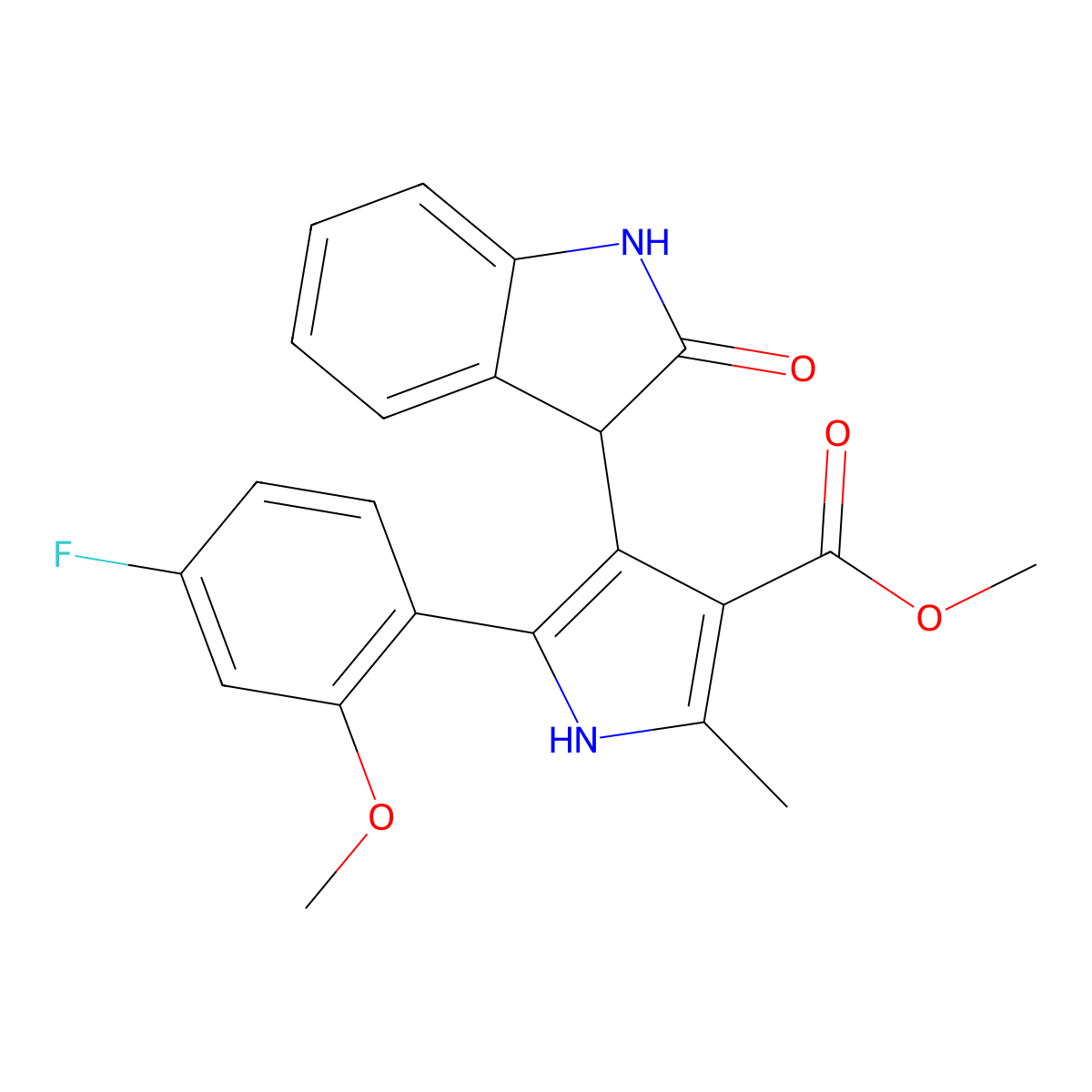 methyl 5-(4-fluoro-2-methoxyphenyl)-2-methyl-4-(2-oxo-2,3-dihydro-1H-indol-3-yl)-1H-pyrrole-3-carboxylate molecular structure, CAS 1144445-09-9