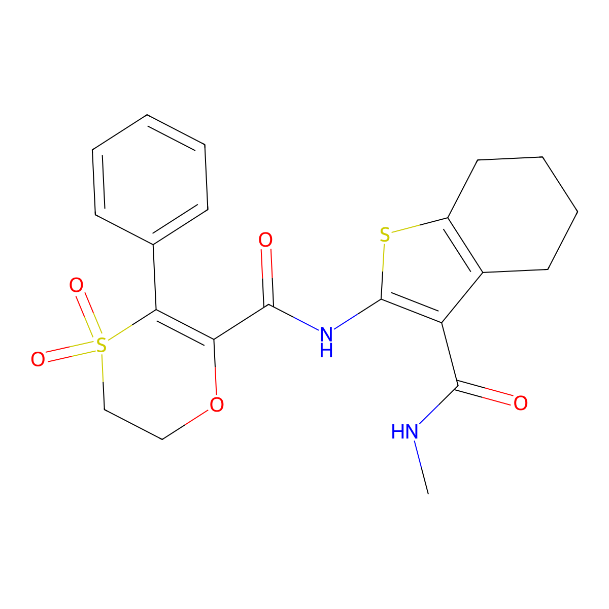 N-[3-(methylcarbamoyl)-4,5,6,7-tetrahydro-1-benzothiophen-2-yl]-3-phenyl-5,6-dihydro-1,4-oxathiine-2-carboxamide 4,4-dioxide molecular structure, CAS 1144445-31-7