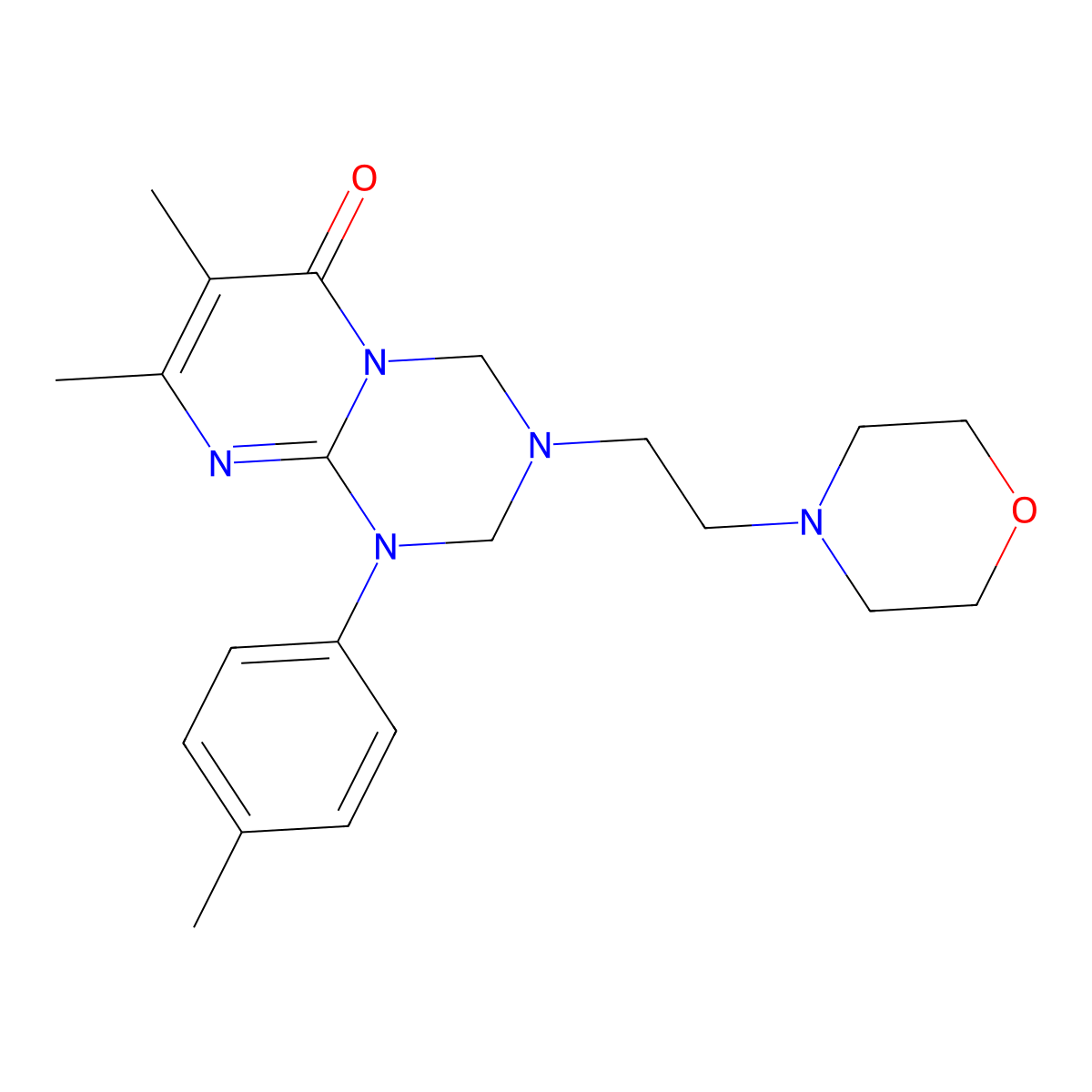 7,8-dimethyl-1-(4-methylphenyl)-3-(2-morpholinoethyl)-1,2,3,4-tetrahydro-6H-pyrimido[1,2-a][1,3,5]triazin-6-one molecular structure, CAS 1144446-02-5