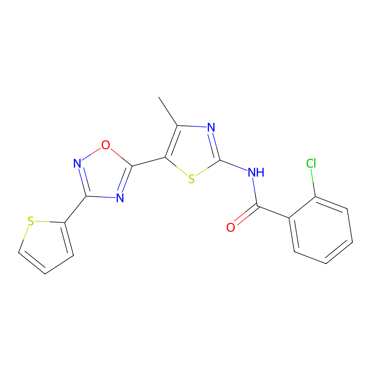 2-chloro-N-[(2Z)-4-methyl-5-[3-(thiophen-2-yl)-1,2,4-oxadiazol-5-yl]-1,3-thiazol-2(3H)-ylidene]benzamide molecular structure, CAS 1144446-04-7