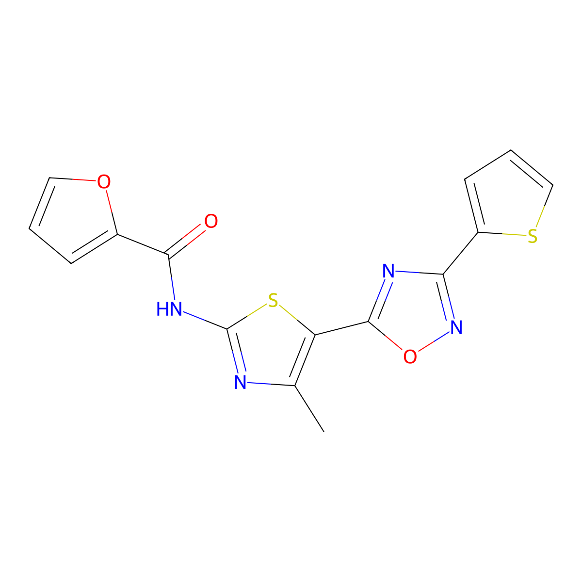N-[(2E)-4-methyl-5-[3-(thiophen-2-yl)-1,2,4-oxadiazol-5-yl]-1,3-thiazol-2(3H)-ylidene]furan-2-carboxamide molecular structure, CAS 1144446-06-9