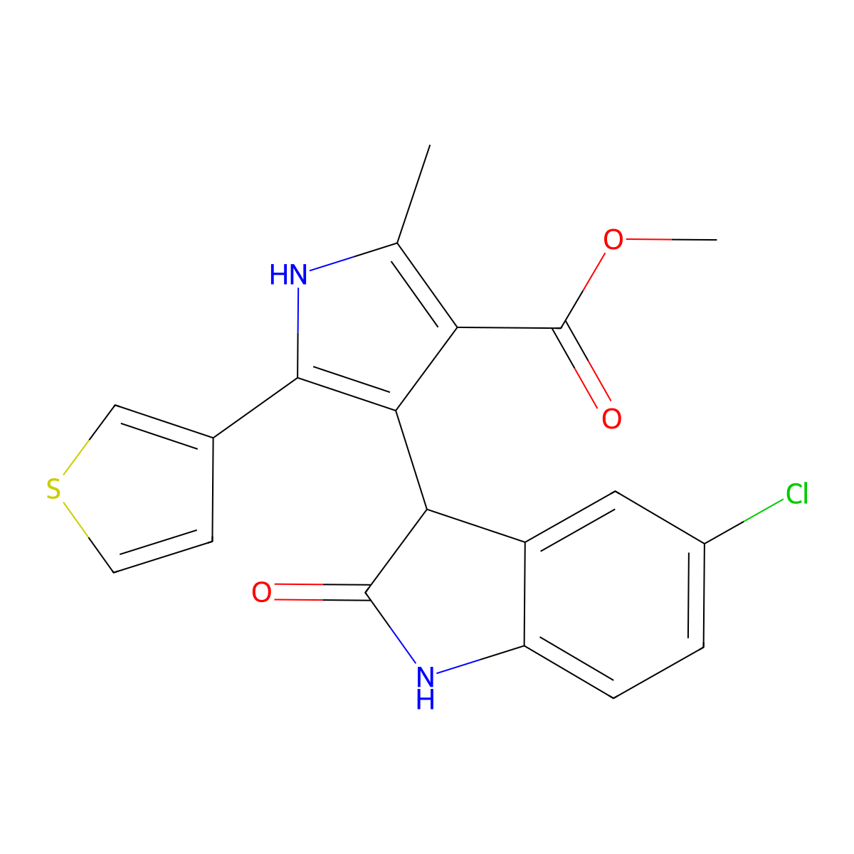methyl 4-(5-chloro-2-oxo-2,3-dihydro-1H-indol-3-yl)-2-methyl-5-(3-thienyl)-1H-pyrrole-3-carboxylate molecular structure, CAS 1144446-17-2