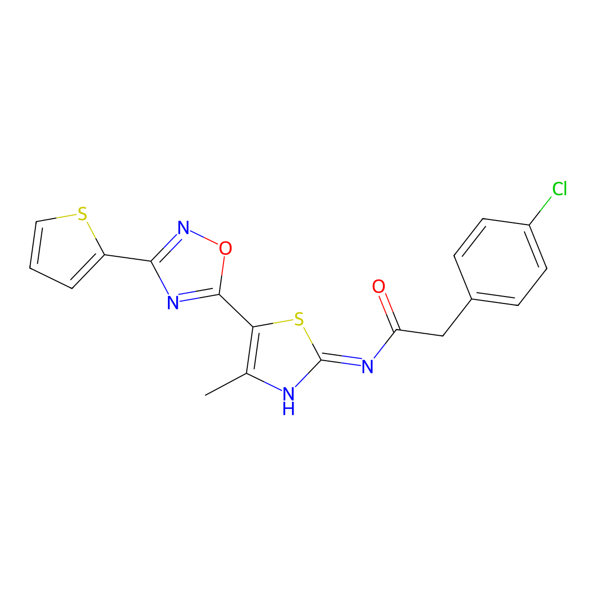 2-(4-chlorophenyl)-N-[(2Z)-4-methyl-5-[3-(thiophen-2-yl)-1,2,4-oxadiazol-5-yl]-1,3-thiazol-2(3H)-ylidene]acetamide molecular structure, CAS 1144449-58-0