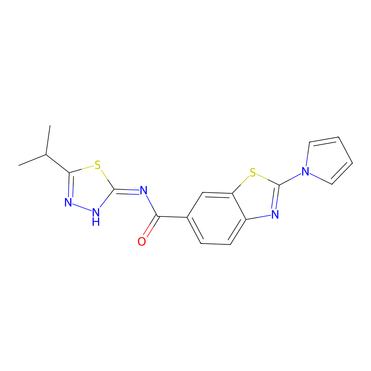 N-[(2E)-5-(propan-2-yl)-1,3,4-thiadiazol-2(3H)-ylidene]-2-(1H-pyrrol-1-yl)-1,3-benzothiazole-6-carboxamide molecular structure, CAS 1144449-66-0