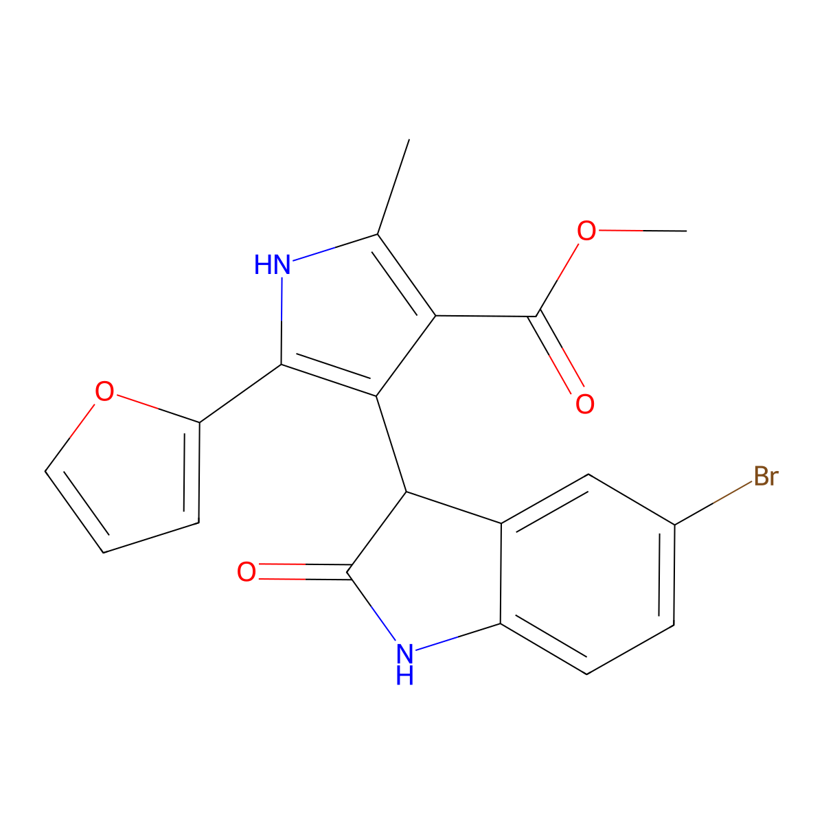 methyl 4-(5-bromo-2-oxo-2,3-dihydro-1H-indol-3-yl)-5-(2-furyl)-2-methyl-1H-pyrrole-3-carboxylate molecular structure, CAS 1144450-99-6