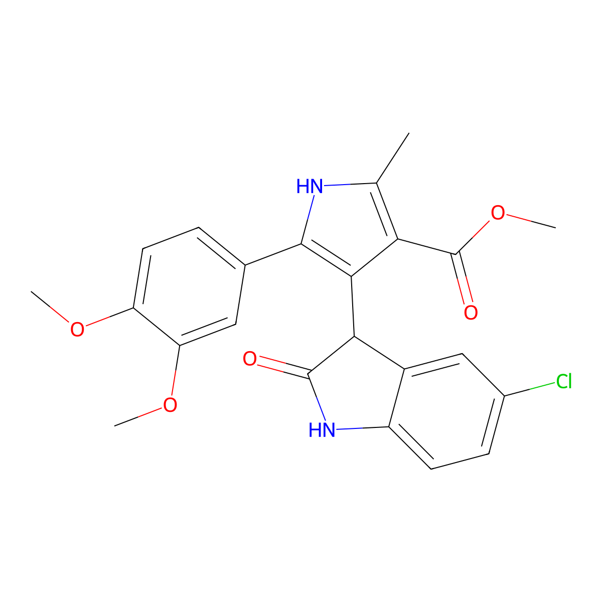 methyl 4-(5-chloro-2-oxo-2,3-dihydro-1H-indol-3-yl)-5-(3,4-dimethoxyphenyl)-2-methyl-1H-pyrrole-3-carboxylate molecular structure, CAS 1144453-67-7