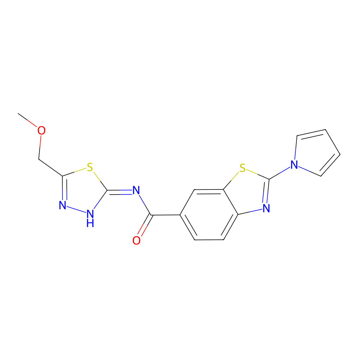 N-[(2E)-5-(methoxymethyl)-1,3,4-thiadiazol-2(3H)-ylidene]-2-(1H-pyrrol-1-yl)-1,3-benzothiazole-6-carboxamide molecular structure, CAS 1144454-03-4