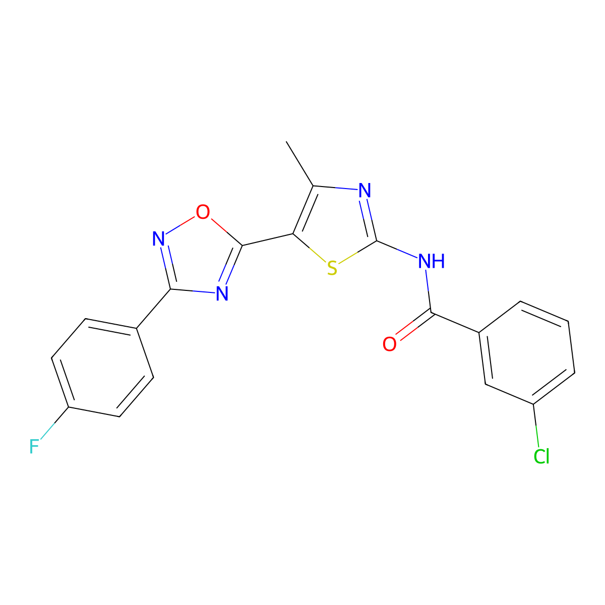 3-chloro-N-[(2Z)-5-[3-(4-fluorophenyl)-1,2,4-oxadiazol-5-yl]-4-methyl-1,3-thiazol-2(3H)-ylidene]benzamide molecular structure, CAS 1144455-34-4
