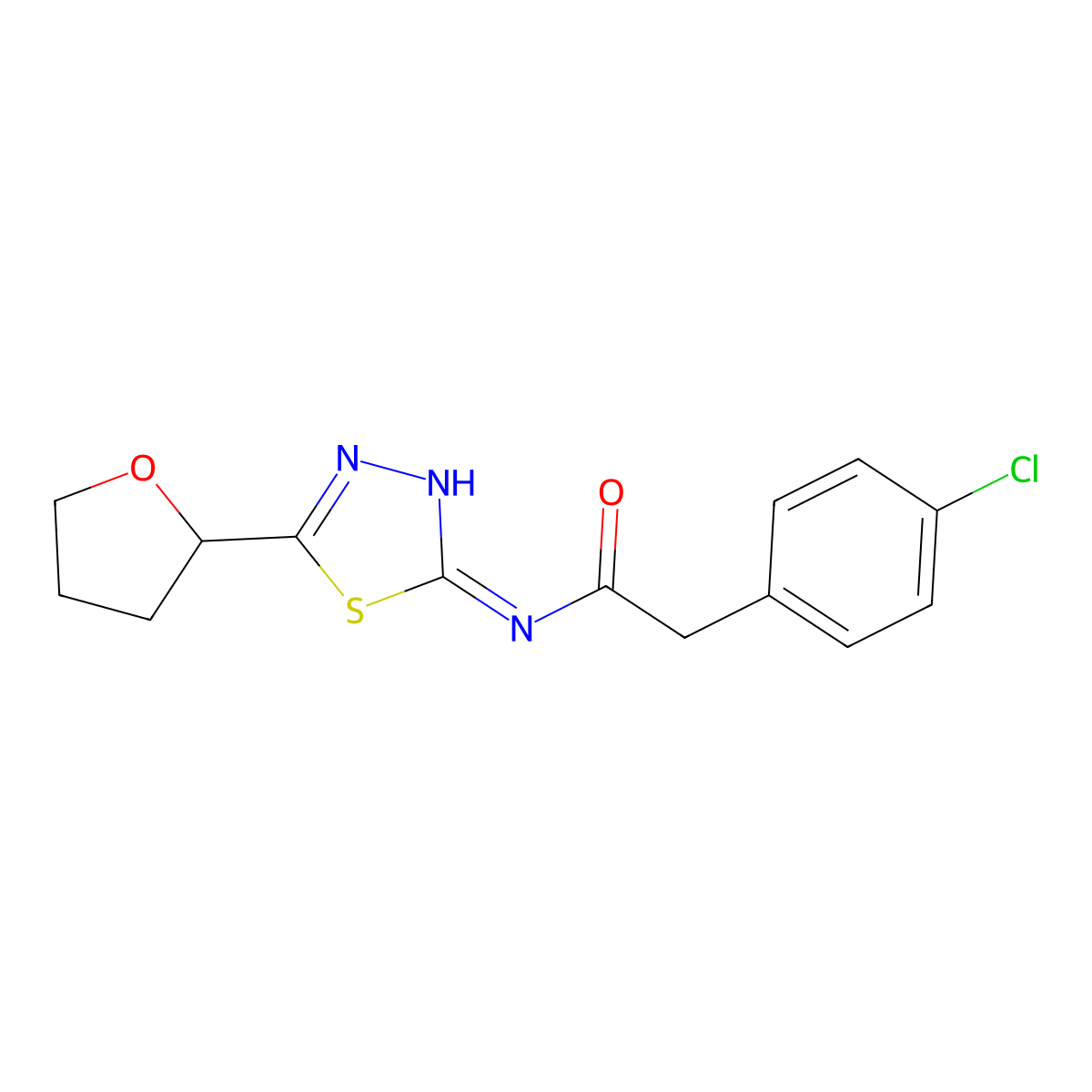 2-(4-chlorophenyl)-N-[(2E)-5-(tetrahydrofuran-2-yl)-1,3,4-thiadiazol-2(3H)-ylidene]acetamide molecular structure, CAS 1144457-14-6