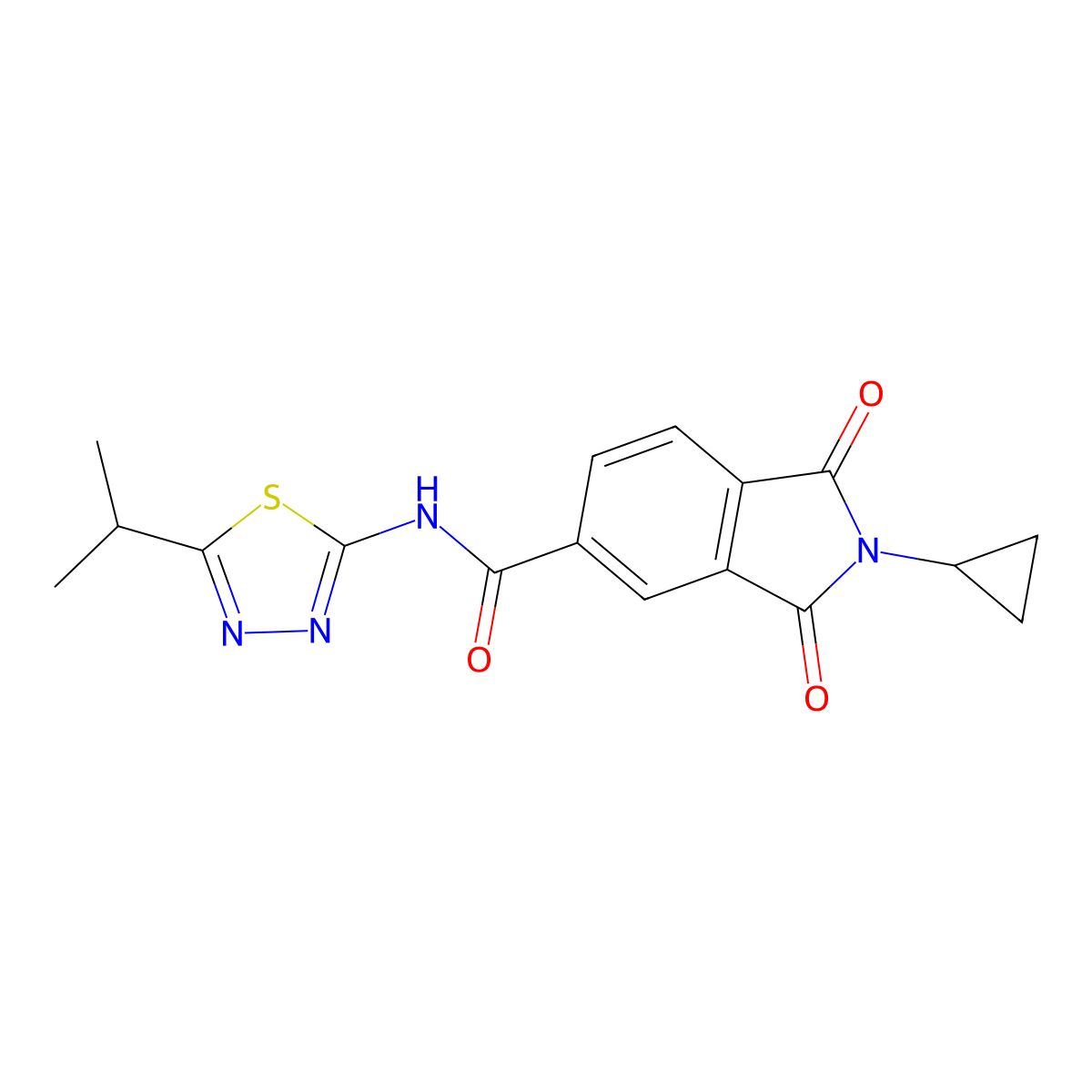 2-cyclopropyl-1,3-dioxo-N-[(2E)-5-(propan-2-yl)-1,3,4-thiadiazol-2(3H)-ylidene]-2,3-dihydro-1H-isoindole-5-carboxamide molecular structure, CAS 1144457-31-7