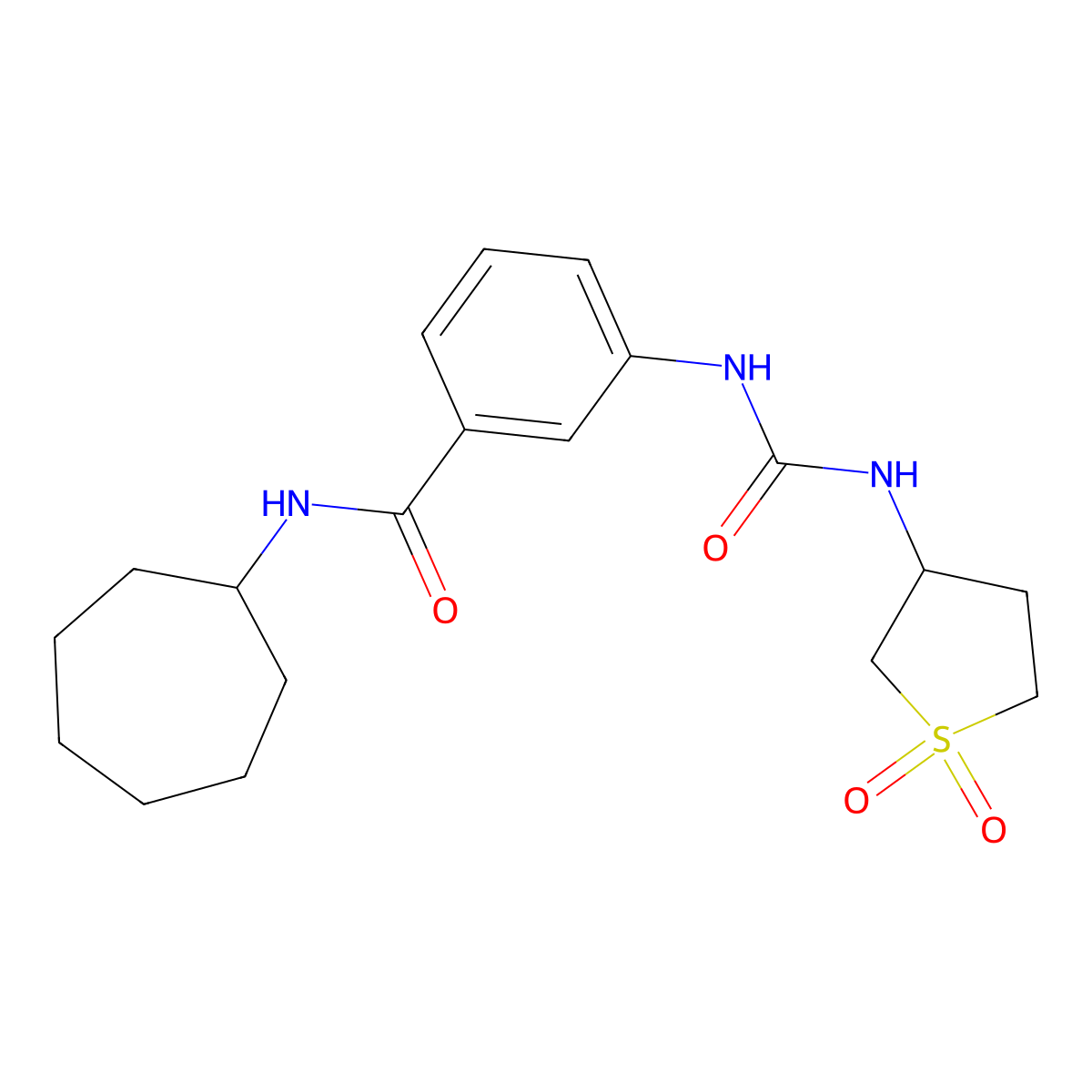 N-cycloheptyl-3-{[(1,1-dioxidotetrahydrothiophen-3-yl)carbamoyl]amino}benzamide molecular structure, CAS 1144458-01-4