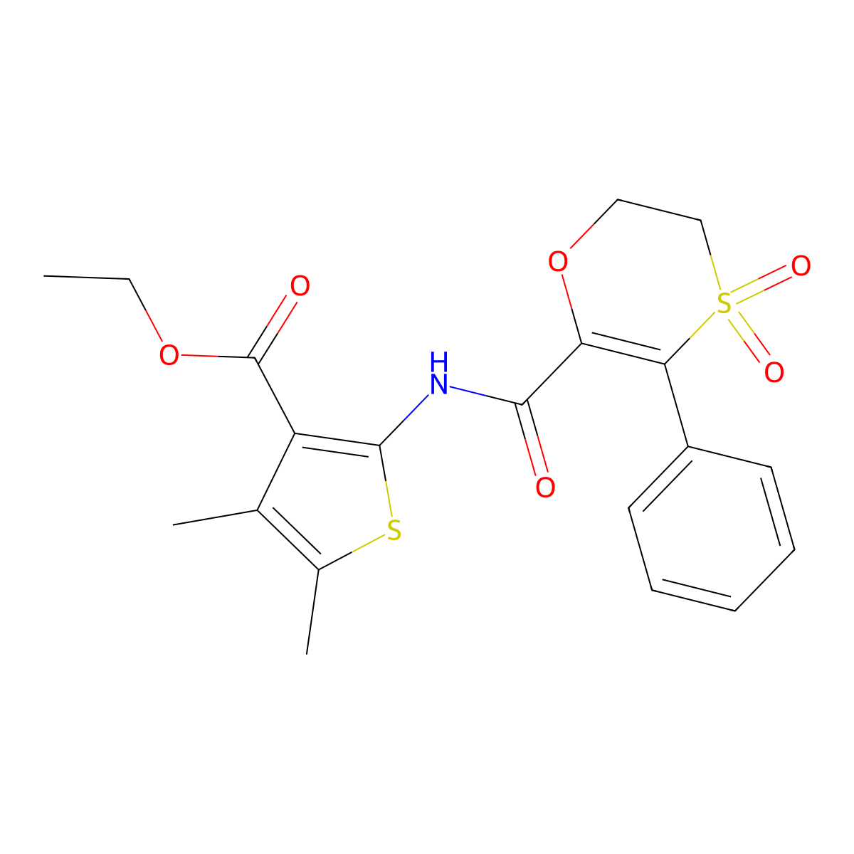 Ethyl 2-{[(4,4-dioxido-3-phenyl-5,6-dihydro-1,4-oxathiin-2-yl)carbonyl]amino}-4,5-dimethylthiophene-3-carboxylate molecular structure, CAS 1144458-66-1