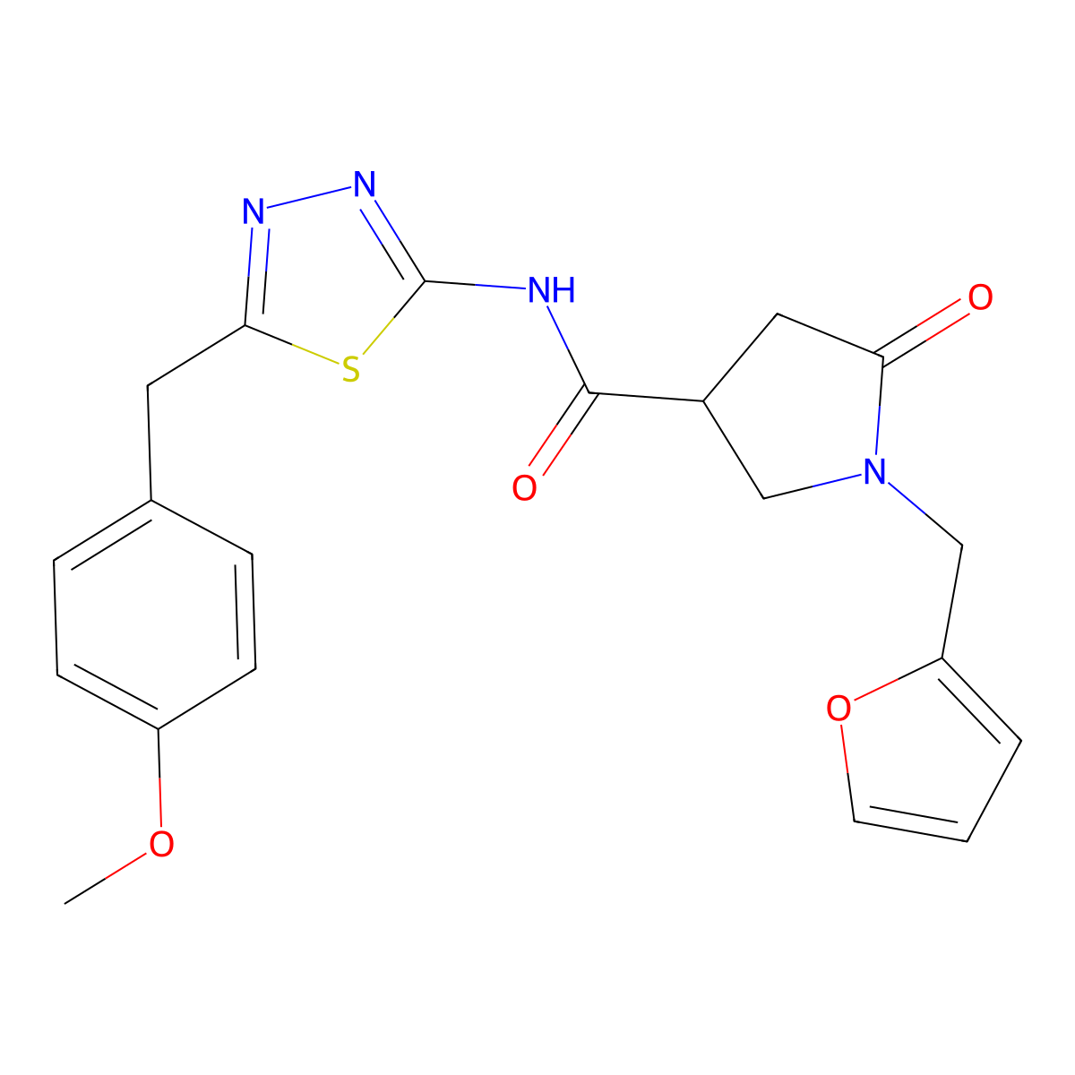 1-(furan-2-ylmethyl)-N-[(2E)-5-(4-methoxybenzyl)-1,3,4-thiadiazol-2(3H)-ylidene]-5-oxopyrrolidine-3-carboxamide molecular structure, CAS 1144460-68-3