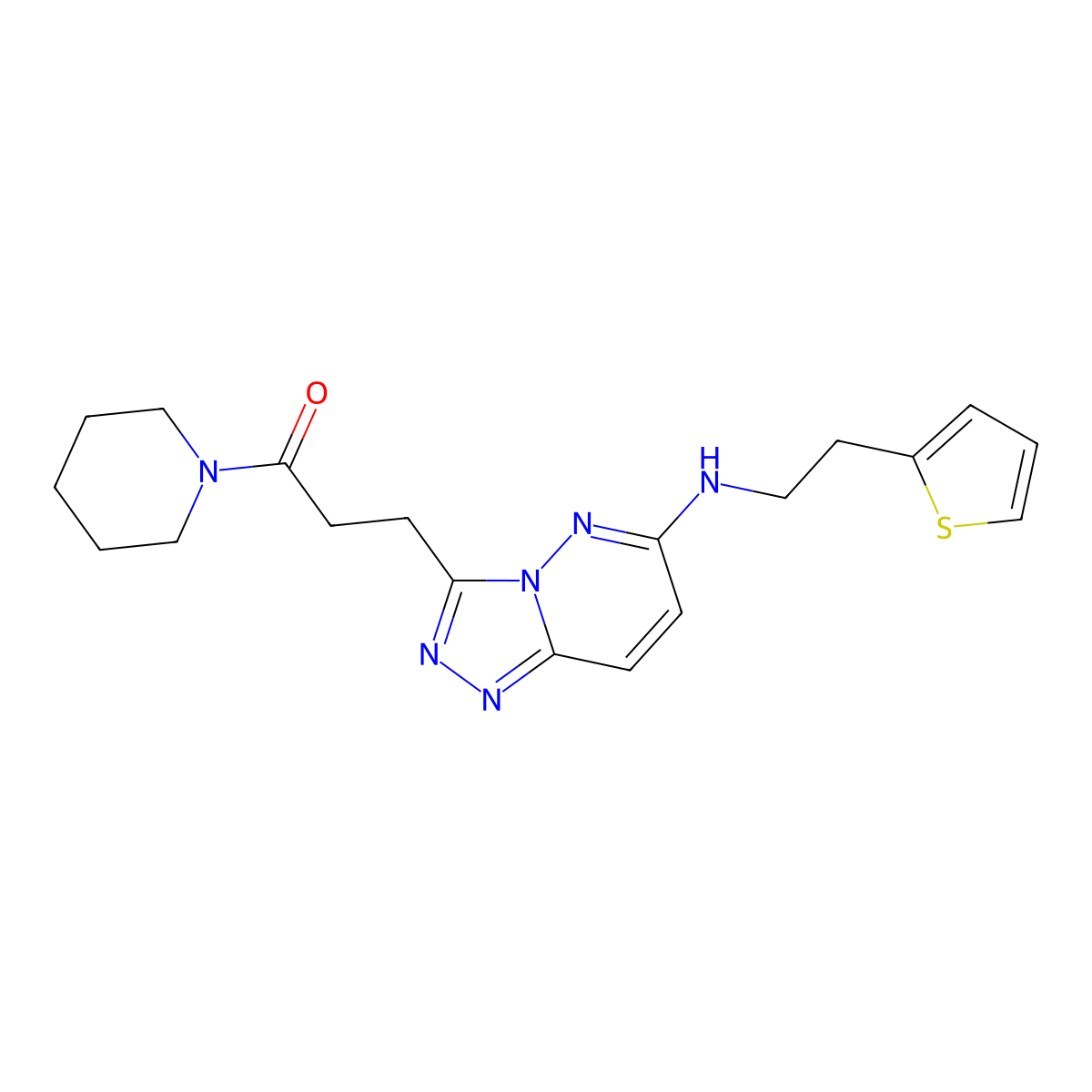 1-(Piperidin-1-yl)-3-(6-{[2-(thiophen-2-yl)ethyl]amino}[1,2,4]triazolo[4,3-b]pyridazin-3-yl)propan-1-one molecular structure, CAS 1144460-77-4