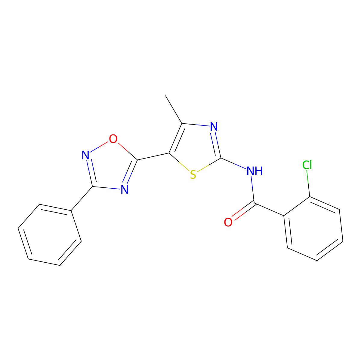 2-chloro-N-[(2E)-4-methyl-5-(3-phenyl-1,2,4-oxadiazol-5-yl)-1,3-thiazol-2(3H)-ylidene]benzamide molecular structure, CAS 1144461-70-0