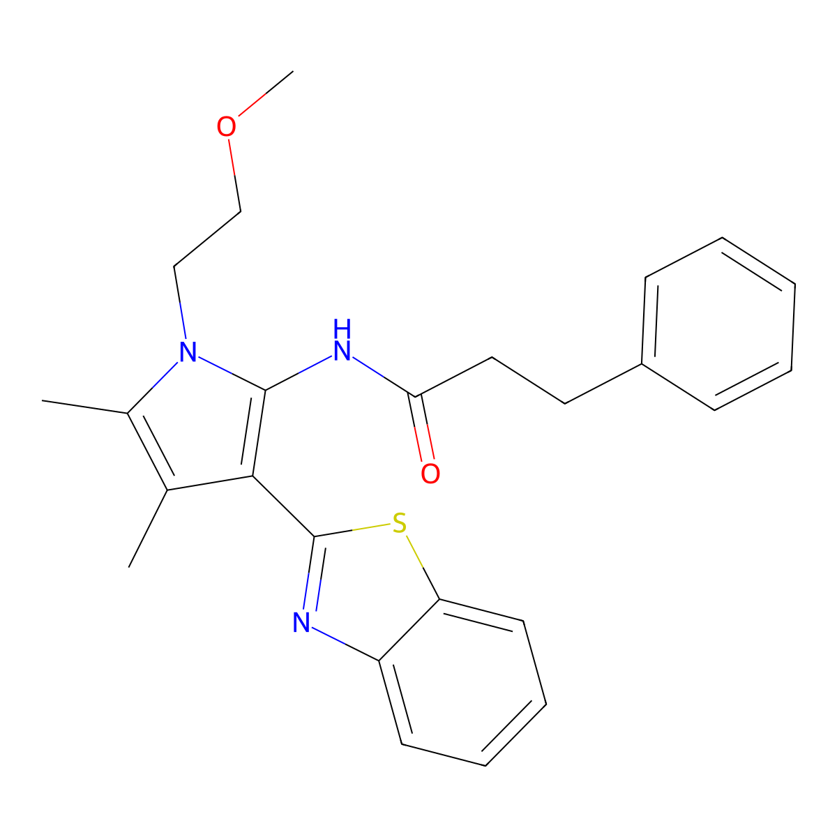 N-[3-(1,3-benzothiazol-2-yl)-1-(2-methoxyethyl)-4,5-dimethyl-1H-pyrrol-2-yl]-3-phenylpropanamide molecular structure, CAS 1144462-56-5