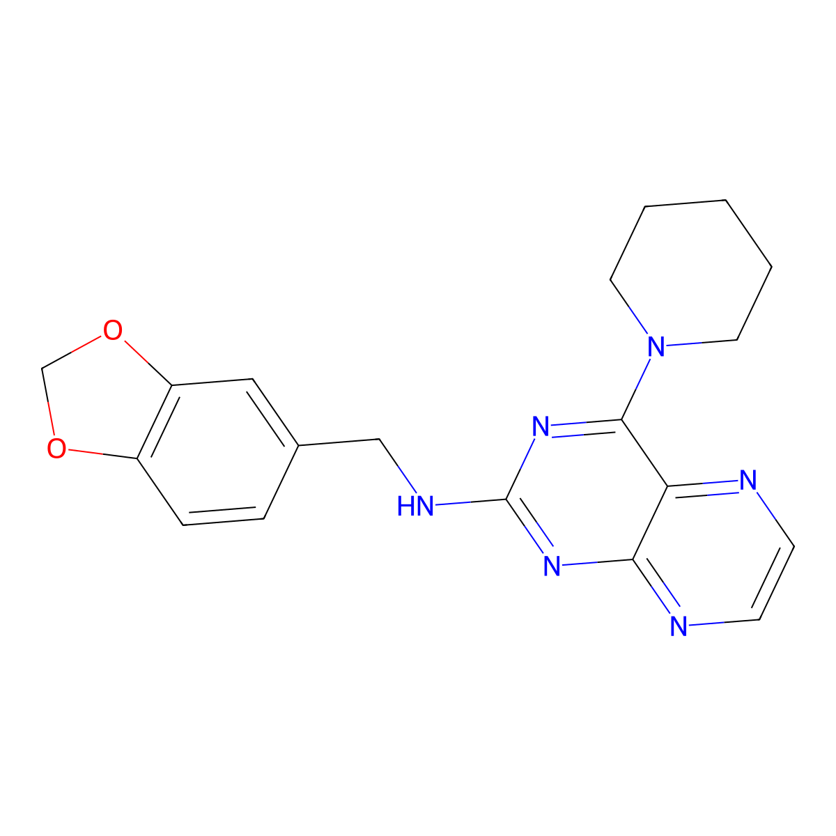 N-(1,3-benzodioxol-5-ylmethyl)-4-(piperidin-1-yl)pteridin-2-amine molecular structure, CAS 1144463-12-6