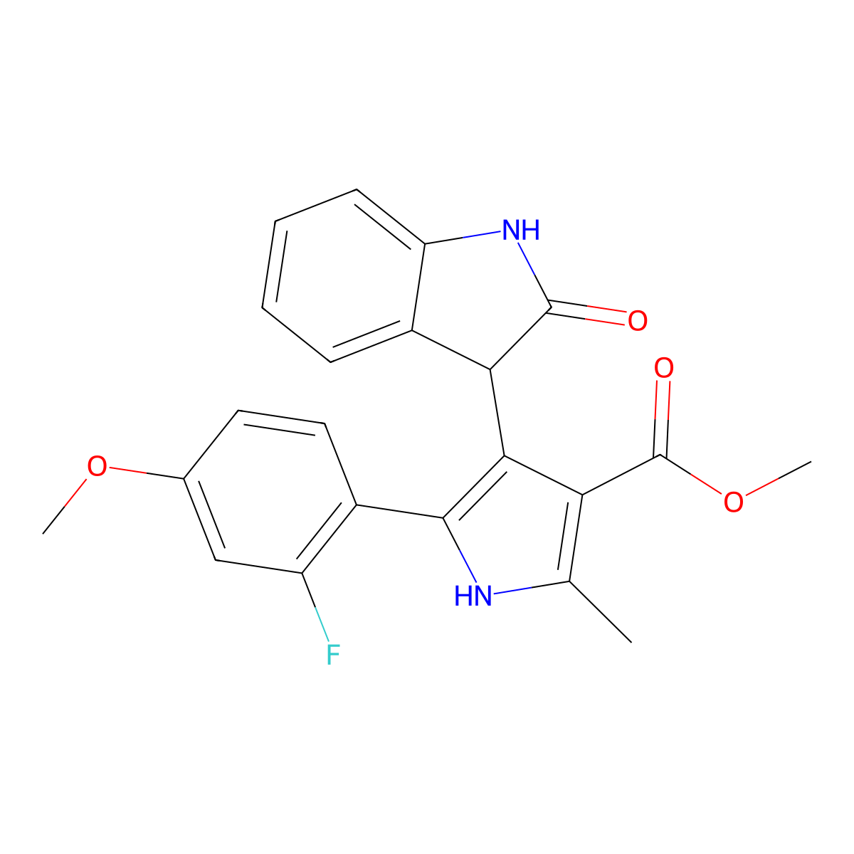 methyl 5-(2-fluoro-4-methoxyphenyl)-2-methyl-4-(2-oxo-2,3-dihydro-1H-indol-3-yl)-1H-pyrrole-3-carboxylate molecular structure, CAS 1144463-17-1