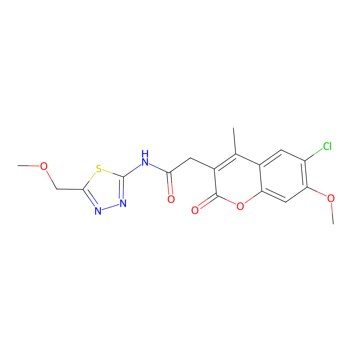 2-(6-chloro-7-methoxy-4-methyl-2-oxo-2H-chromen-3-yl)-N-[(2E)-5-(methoxymethyl)-1,3,4-thiadiazol-2(3H)-ylidene]acetamide molecular structure, CAS 1144463-27-3