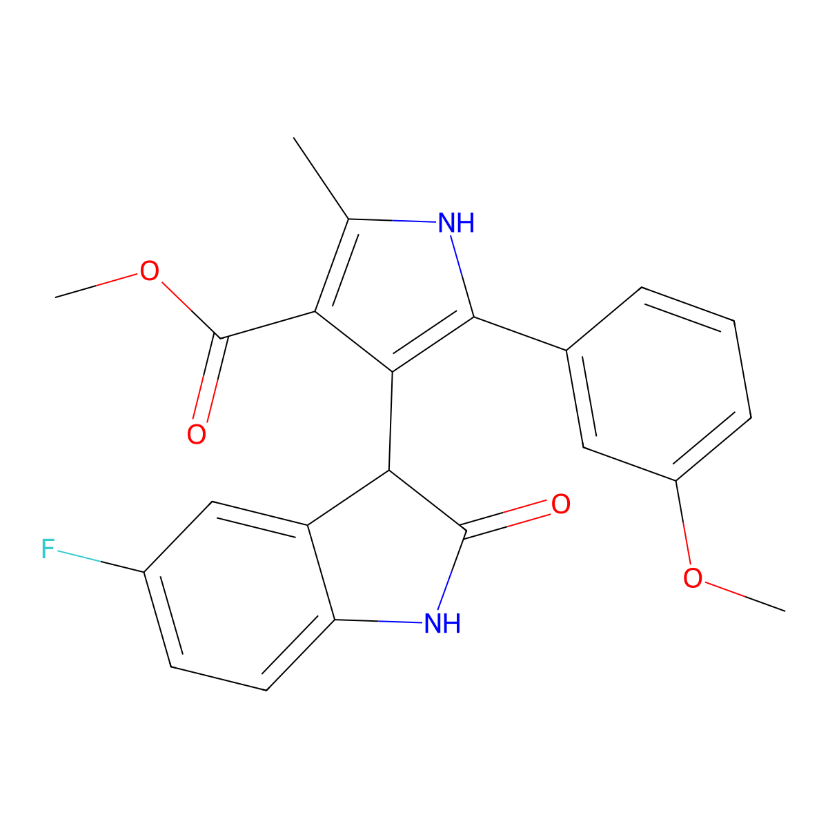 methyl 4-(5-fluoro-2-oxo-2,3-dihydro-1H-indol-3-yl)-5-(3-methoxyphenyl)-2-methyl-1H-pyrrole-3-carboxylate molecular structure, CAS 1144463-31-9