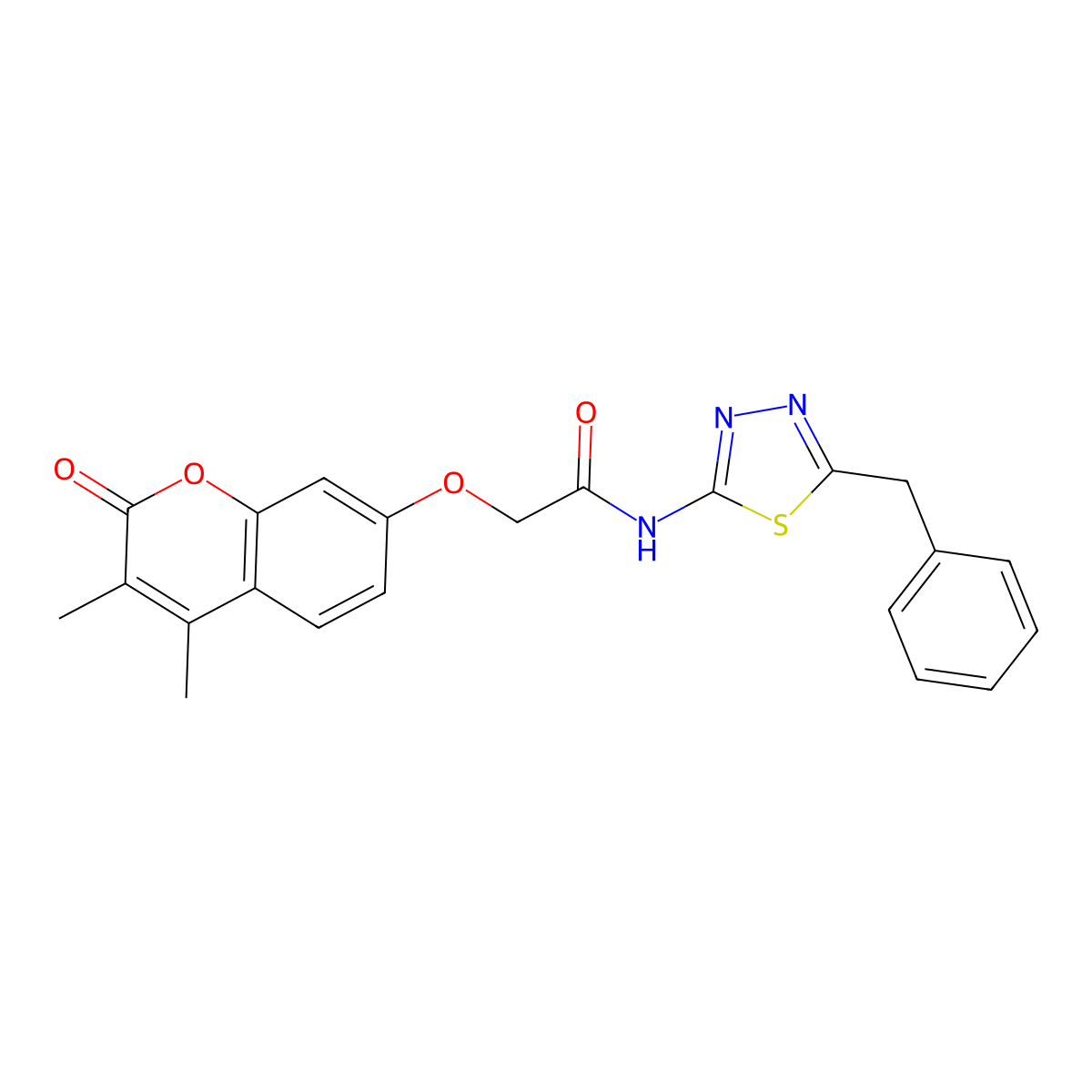 N-[(2E)-5-benzyl-1,3,4-thiadiazol-2(3H)-ylidene]-2-[(3,4-dimethyl-2-oxo-2H-chromen-7-yl)oxy]acetamide molecular structure, CAS 1144464-07-2