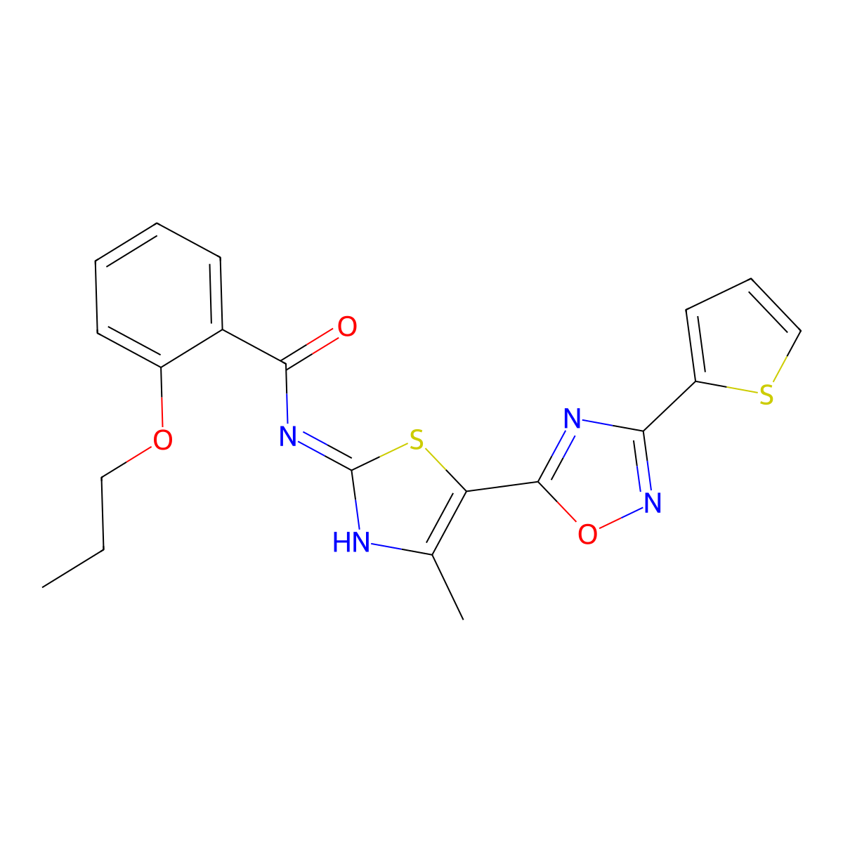 N-[(2Z)-4-methyl-5-[3-(thiophen-2-yl)-1,2,4-oxadiazol-5-yl]-1,3-thiazol-2(3H)-ylidene]-2-propoxybenzamide molecular structure, CAS 1144465-47-3