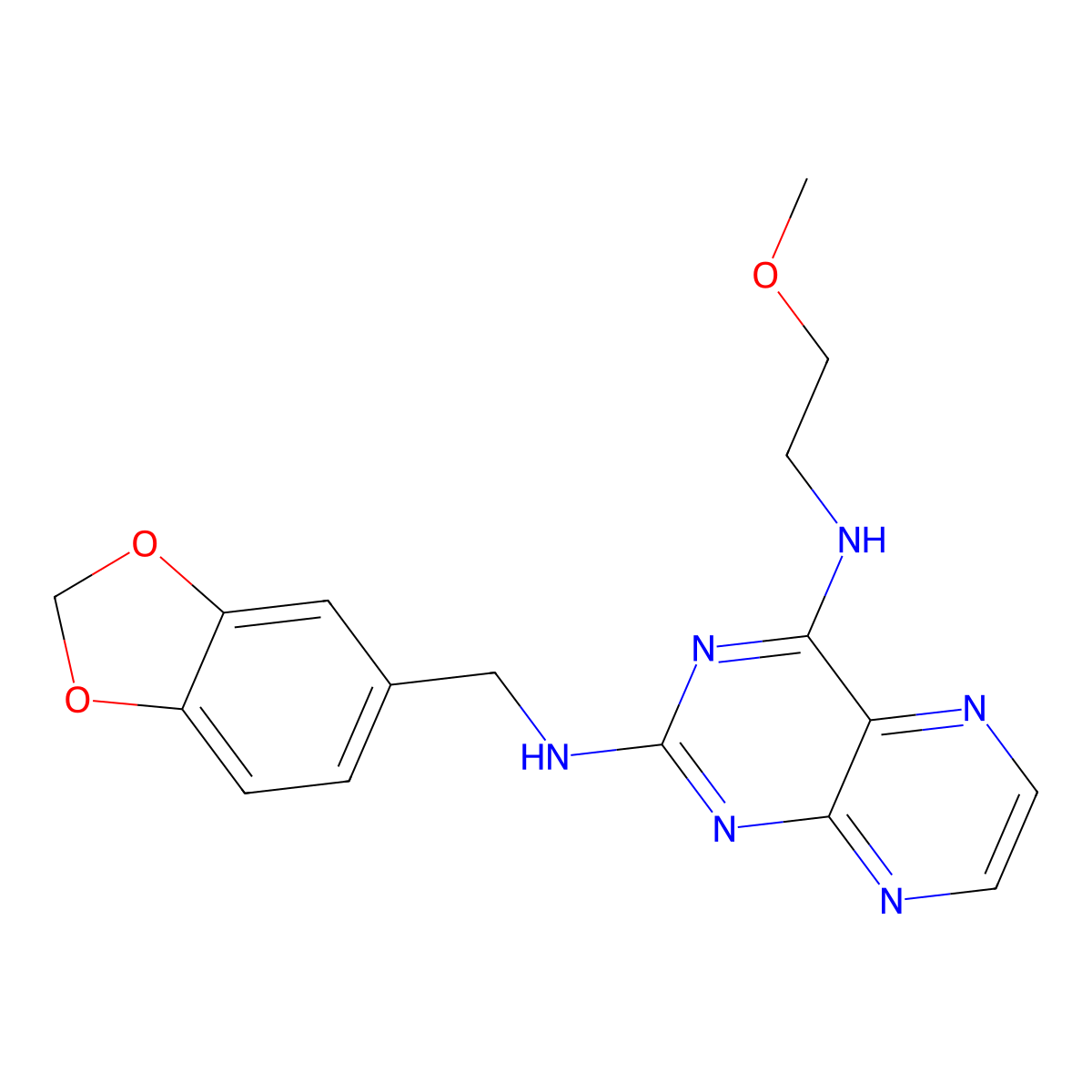 N~2~-(1,3-benzodioxol-5-ylmethyl)-N~4~-(2-methoxyethyl)pteridine-2,4-diamine molecular structure, CAS 1144465-98-4