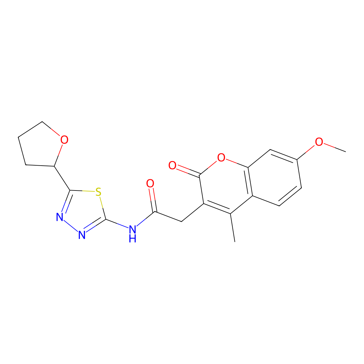 2-(7-methoxy-4-methyl-2-oxo-2H-chromen-3-yl)-N-[(2E)-5-(tetrahydrofuran-2-yl)-1,3,4-thiadiazol-2(3H)-ylidene]acetamide molecular structure, CAS 1144466-26-1