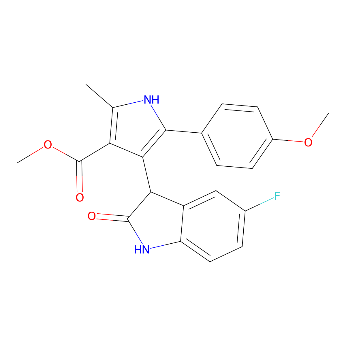methyl 4-(5-fluoro-2-oxo-2,3-dihydro-1H-indol-3-yl)-5-(4-methoxyphenyl)-2-methyl-1H-pyrrole-3-carboxylate molecular structure, CAS 1144466-60-3