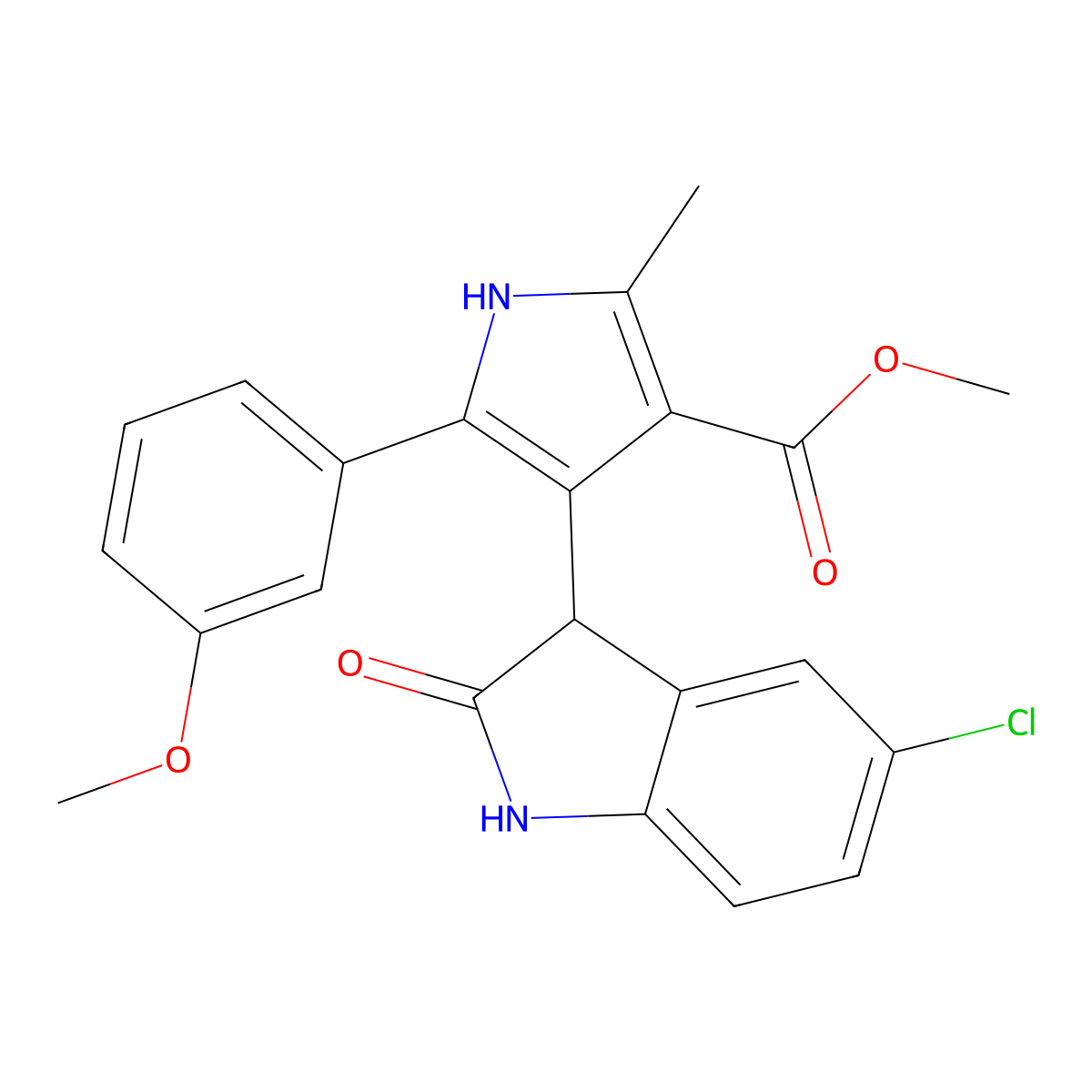 methyl 4-(5-chloro-2-oxo-2,3-dihydro-1H-indol-3-yl)-5-(3-methoxyphenyl)-2-methyl-1H-pyrrole-3-carboxylate molecular structure, CAS 1144466-65-8