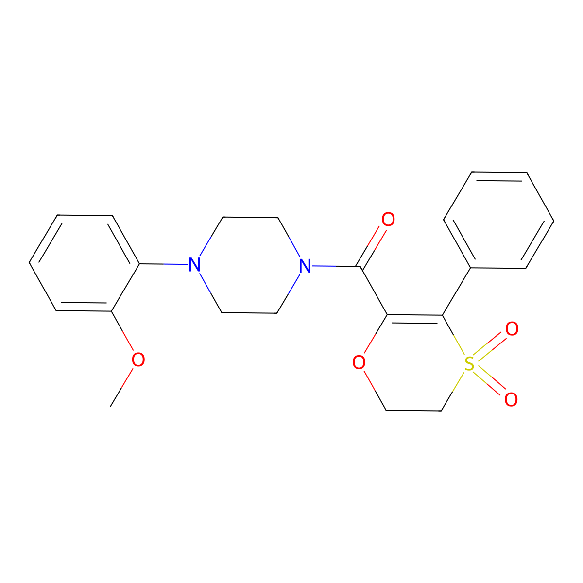(4,4-Dioxido-3-phenyl-5,6-dihydro-1,4-oxathiin-2-yl)(4-(2-methoxyphenyl)piperazin-1-yl)methanone molecular structure, CAS 1144467-69-5