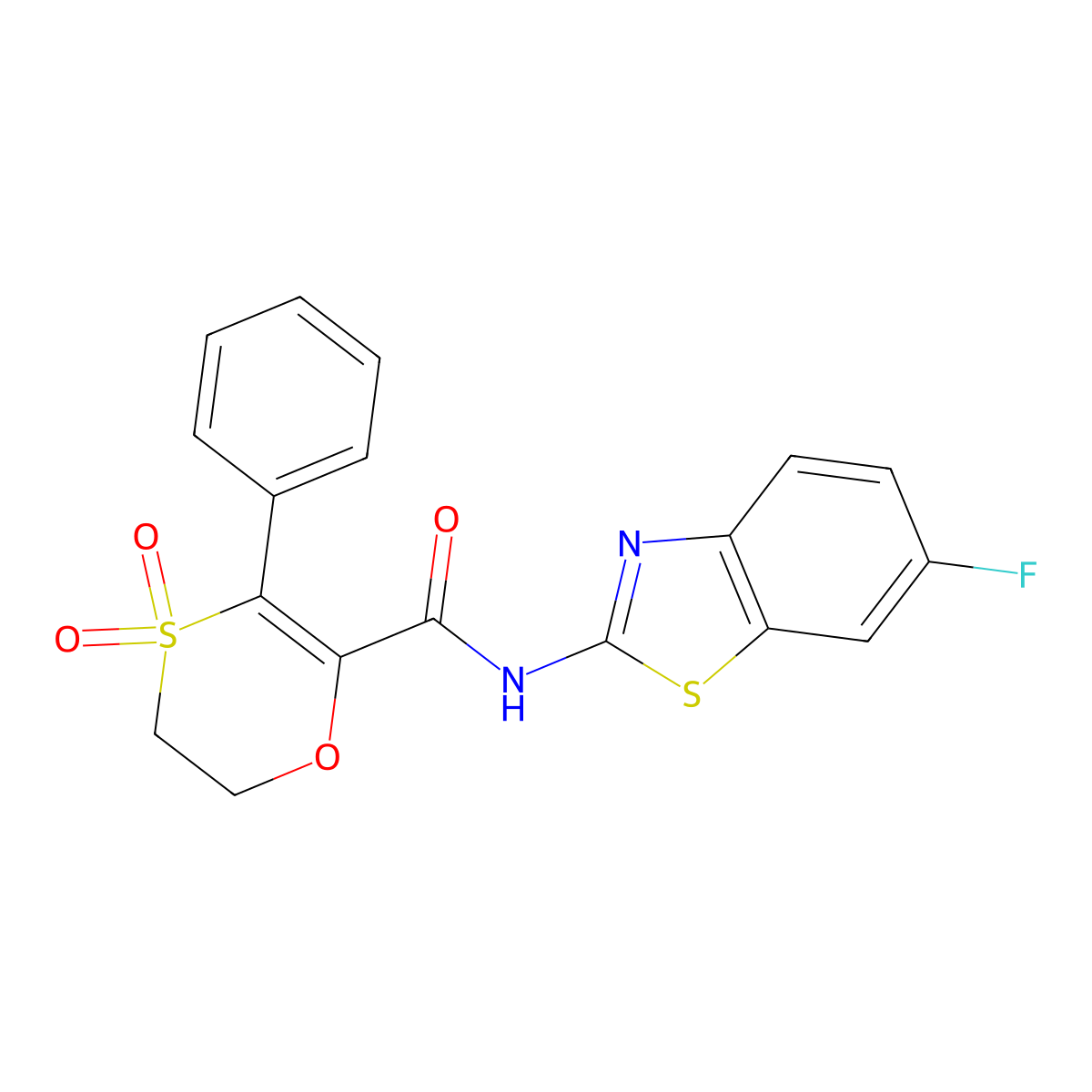 N-[(2Z)-6-fluoro-1,3-benzothiazol-2(3H)-ylidene]-3-phenyl-5,6-dihydro-1,4-oxathiine-2-carboxamide 4,4-dioxide molecular structure, CAS 1144467-70-8