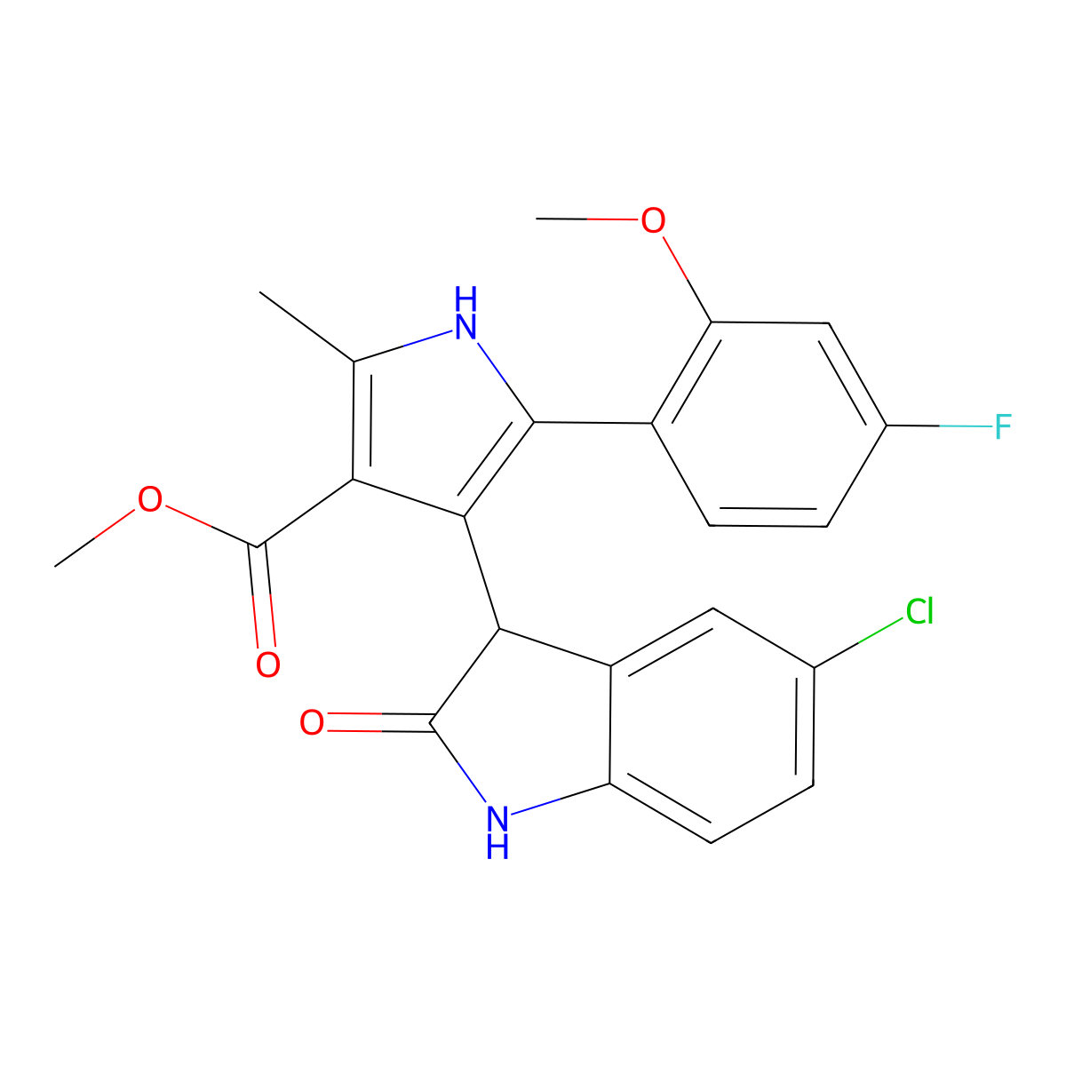 methyl 4-(5-chloro-2-oxo-2,3-dihydro-1H-indol-3-yl)-5-(4-fluoro-2-methoxyphenyl)-2-methyl-1H-pyrrole-3-carboxylate molecular structure, CAS 1144467-82-2