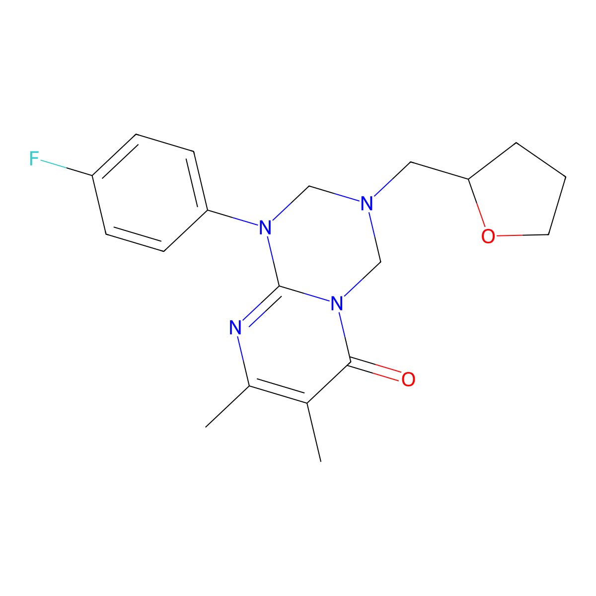 1-(4-fluorophenyl)-7,8-dimethyl-3-(tetrahydrofuran-2-ylmethyl)-1,2,3,4-tetrahydro-6H-pyrimido[1,2-a][1,3,5]triazin-6-one molecular structure, CAS 1144469-80-6