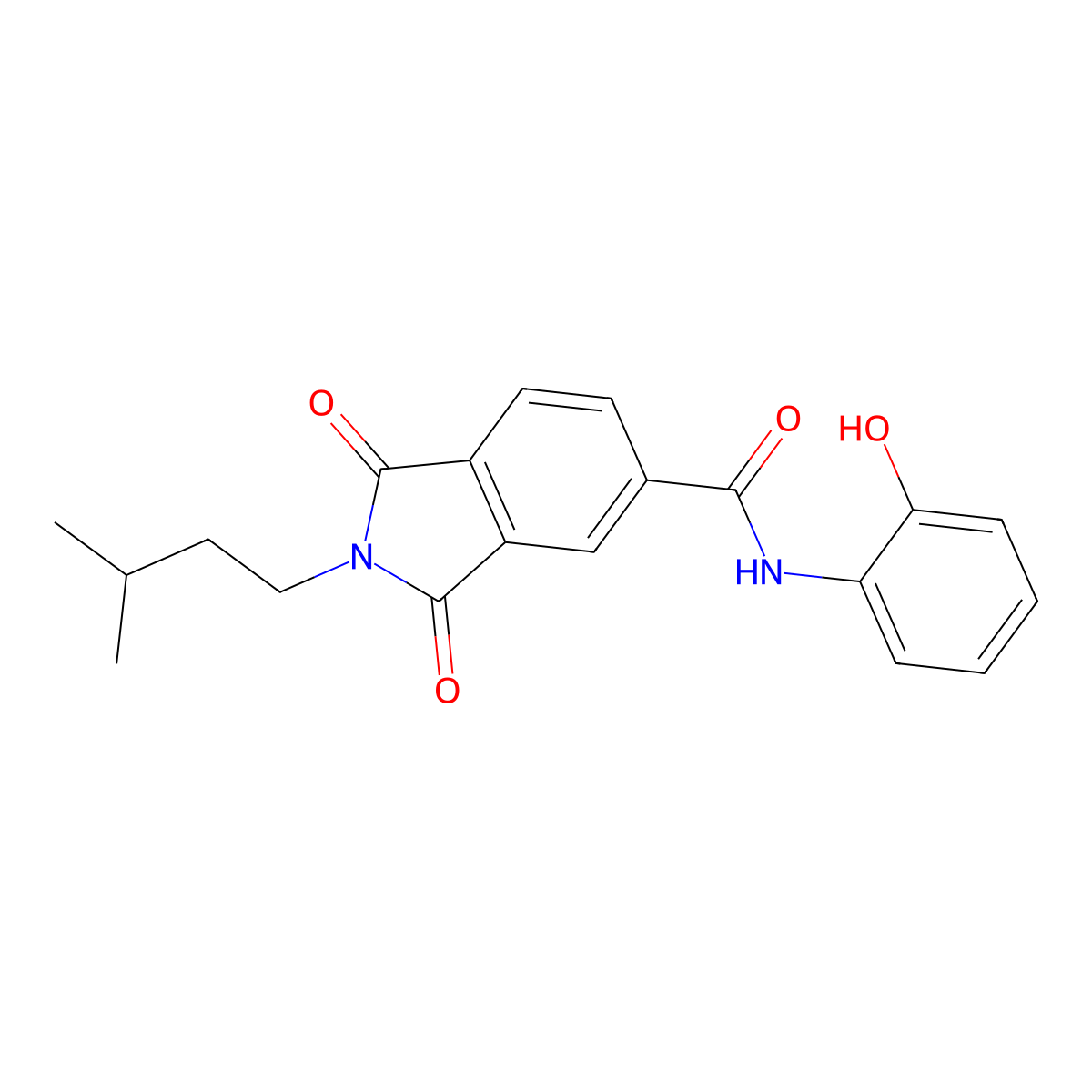 N-(2-hydroxyphenyl)-2-(3-methylbutyl)-1,3-dioxo-2,3-dihydro-1H-isoindole-5-carboxamide molecular structure, CAS 1144470-45-0